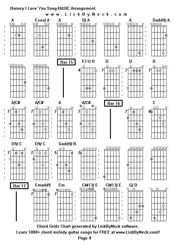 Chord Grids Chart of chord melody fingerstyle guitar song-Barney I Love You Song-BASIC Arrangement,generated by LickByNeck software.